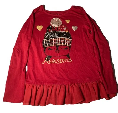 Girls/kids Size 6 Red Penguin Christmas Holiday Party Shirt Glittery long sleeve - Image 1 of 3