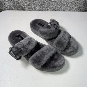 Sandali UGG Fuzz Yeah pelle di pecora doppio cinturino grigi slip on slide taglia UK 5 US 7 - Foto 1 di 8