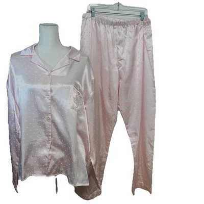 Heavenly Bodies Miss Elaine Pajama Set Pink Polka Dot 2X Satin Pants Button Up - Image 1 of 4