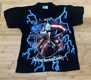 Vintage 90s American Thunder Great American Cowboy Lightning AOP T-Shirt Size M - Picture 1 of 5