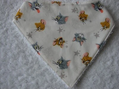 Tom & Jerry White Bandana Dribble Bibs Cotton Front Towelling Back Handmade - image 1 of 2