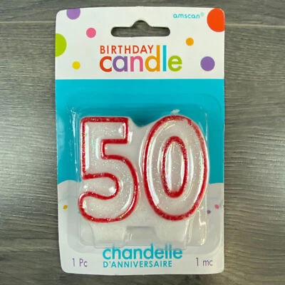 Vela de cumpleaños 50 con brillo rojo blanco pastel suministros de cumpleaños cincuenta Foto 1 de 4