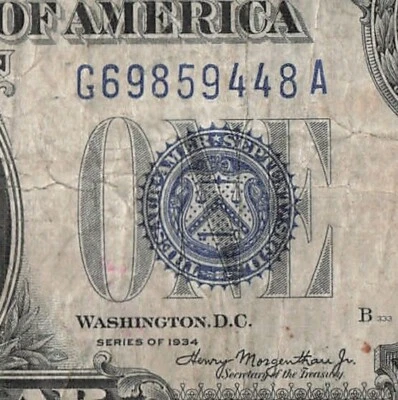 1934 Funny Back One Dollar Silver Certificate G69859448A Small Rip on Right - Image 1 of 4
