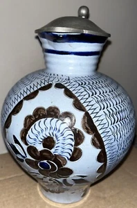 Large German Glazed Stoneware Flagon/Pitcher Pewter Lid Light Blue Floral - Picture 1 of 10
