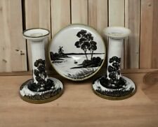 Nippon Morimura China Plate And Candle Holders Black White And Gold Windmill
