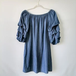 Cato Womens Blue Denim Off The Shoulder Ruffle Bell Sleeve Shift Dress Size S - Picture 1 of 7