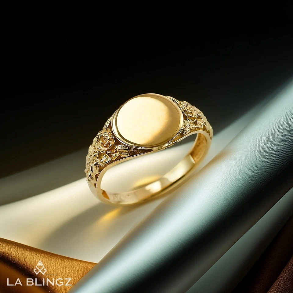 Gold Ornate Band Baby Signet Ring | 10k, 14k Yellow, White, Rose Gold | Size 1-7 - Image 1 of 4