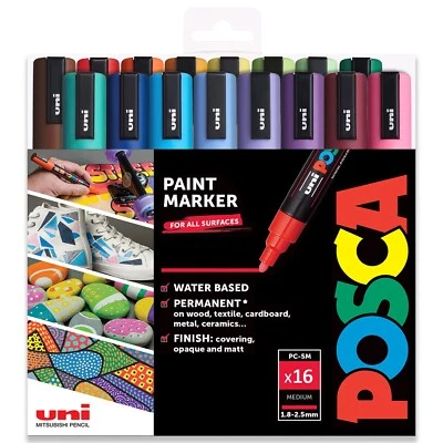 UNIBALL POSCA PC-5M Farbmarker Kunstmarker - Komplettes Set Mit 16 In Geschenkmappe