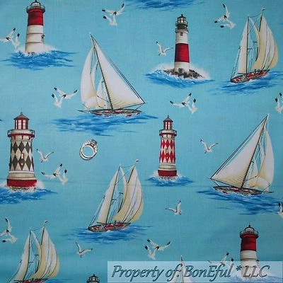 BonEful Fabric FQ Cotton Quilt Blue Water Red Seagull Ocean Lighthouse Sail Boat - Image 1 of 4