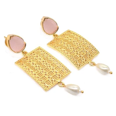 Pendientes de cuarzo rosa brillante adornados enchapados en oro joyería para mujer 2" Y548 Foto 1 de 4