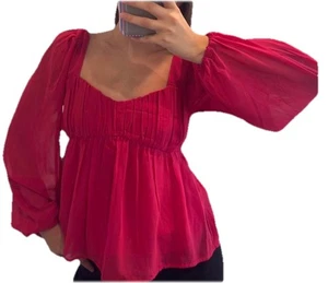 NWT Abercrombie & Fitch HotPink Babydoll Top Long Sleeve Y2K Barbie Blouse S - Picture 1 of 12