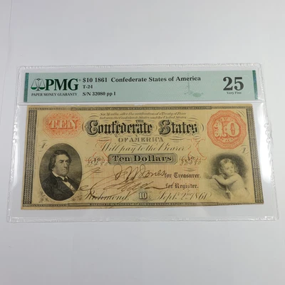 1861 PMG VF25 CSA Confederate States of America $10 Ten Dollar Note T-24 #57880F - Image 1 of 3