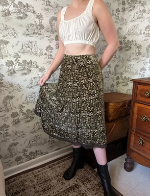 Falda midi estampada vintage Y2K Ann Taylor verde, negra tostada talla 12 tela de terciopelo Foto 1 de 4