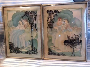 Pair Glass Convex Silhouette Courting Framed Picture Vintage - Picture 1 of 12