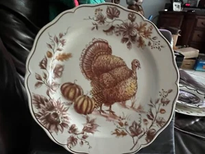 New Maxcera Toile Thanksgiving Turkey Pumpkin Multi Colored 11 1/2” Dinner Plate - Picture 1 of 4