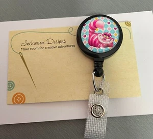 Retractable badge holder ID TAG Cheshire cat Alice inspired nursing vet admin - Picture 1 of 1