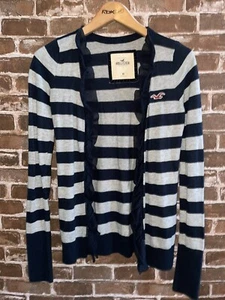 HOLLISTER WOMENS M MEDIUM NAVY BLUE GREY STRIPED CARDIGAN RUFFLE LONG SLEEVE - Picture 1 of 2