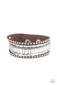 Paparazzi Bracelet- Rock Star Rocker- Brown Suede- White Rhinestone - Picture 1 of 2