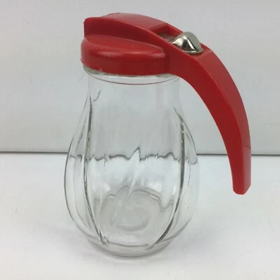 Vintage Syrup Pitcher Clear Glass Red Plastic Dispensing Lid Liquid Collectible - Image 1 of 4