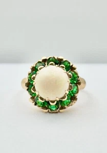 Vtg 10k Yellow Gold Natural Australian Fire Opal & Chrome Diopside Flower Ring - Picture 1 of 6