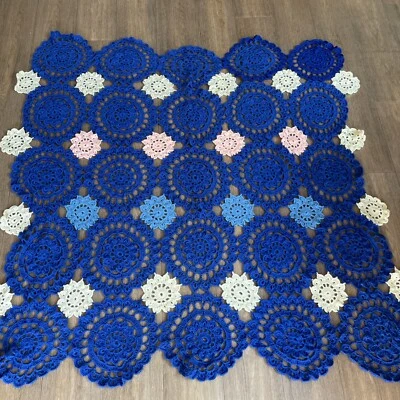 Vintage Blanket Handmade Crochet Afghan Granny Flower Cottagecore Blue 60x60” - Image 1 of 4