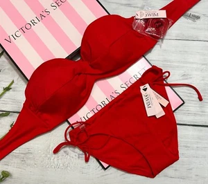 Victoria Secret Swim Twist Front Strapless Blaze Bandeau Side Tie Bikini Set Red - Picture 1 of 11
