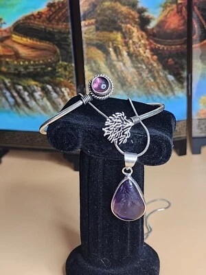 Amethyst Necklace & Bracelet Set 925 Sterling Silver Plate 24" Snake Chain NEW - Image 1 of 4