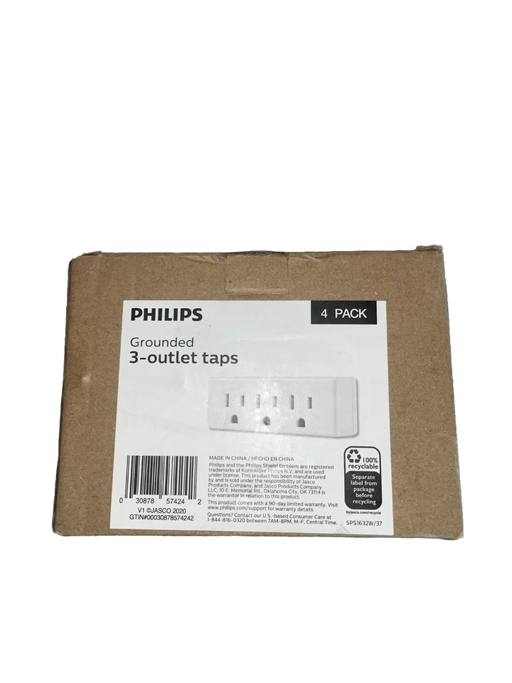 New Philips Grounded 3 Outlet Taps - Home Power - Indoor - 4 Pack Multi Plug - Image 1 of 1