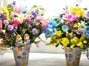 Whimsical Easter Centerpiece/Egg-Deco Pail w/Cute bunny Couple or Bunnies Basket - Picture 1 of 10
