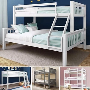 Double Bunk Beds Triple Pine Wood Children Bed Frame High Sleeper With Mattress - Picture 1 of 92