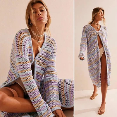 NUEVO AGOTADO Free People Colette Suéter Tejido Crochet Cardi Bebé Azul Nuevo con Etiquetas M Foto 1 de 4