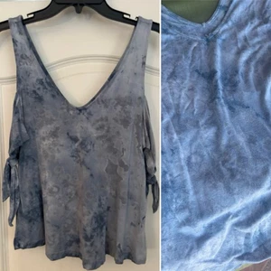 AMERICAN EAGLE AEO~SOFT & SEXY ~Tie Dye Blue/Grey~Open Tie Shoulder T Shirt/Tank - Picture 1 of 10