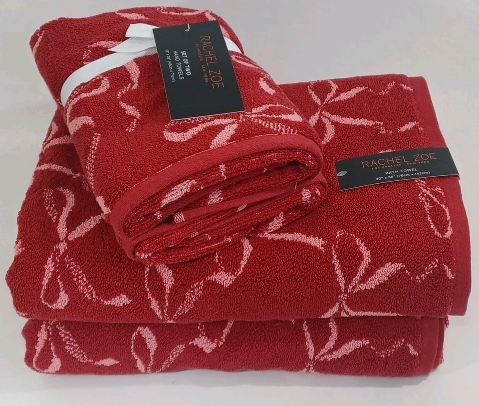 Juego de toallas de baño Rachel Zoe 4 piezas toallas de baño y de mano arcos rojos y rosas, nuevo  Foto 1 de 1