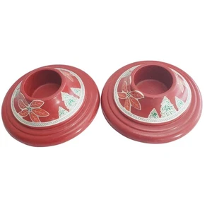 Vintage Red Harvite Christmas Candle Bases Candlestick Pair Foil Accents Holly - Picture 1 of 7