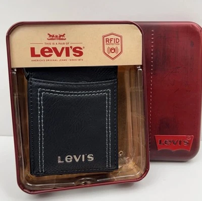 LEVIS Mens Wallet Black RFID Blocking Front Pocket Bifold Metal Logo Leather NEW - Image 1 of 4
