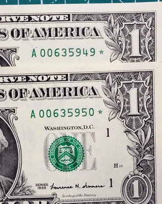 1999 STAR 2 UNC. Consecutive Numbered One Dollar Notes Boston A00635949/50* - Image 1 of 4