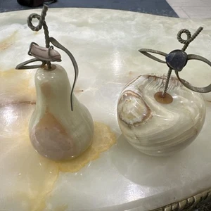 Bomboniere 1.9 lbs SOLID GREEN ONYX APPLE & PEAR Sculptures Brass Stem Gorgeous - Picture 1 of 13