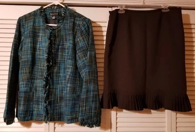 Dialogue/Emma James 2 Piezas Talla 14 Chaqueta Falda Traje Conjunto Azul Marrón Mezcla Forrada Foto 1 de 4