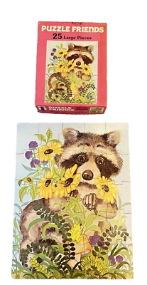 Rompecabezas vintage Rainbow Works amigos mapache con flores 25 piezas grandes 1981 Foto 1 de 4