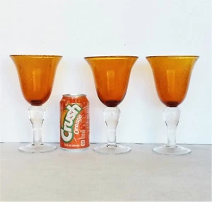 Wine Glass Goblet Drinking Glass 3 pc Set Amber Bubbles Clear Hand Blown 10 oz - Picture 1 of 5