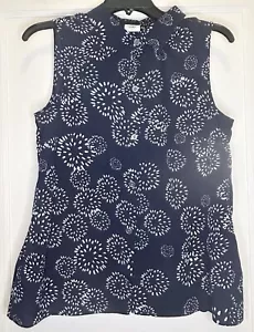 Cabi Small Navy White Dandelion Dot Back Ruffle Sleeveless Button Up Top - Picture 1 of 13