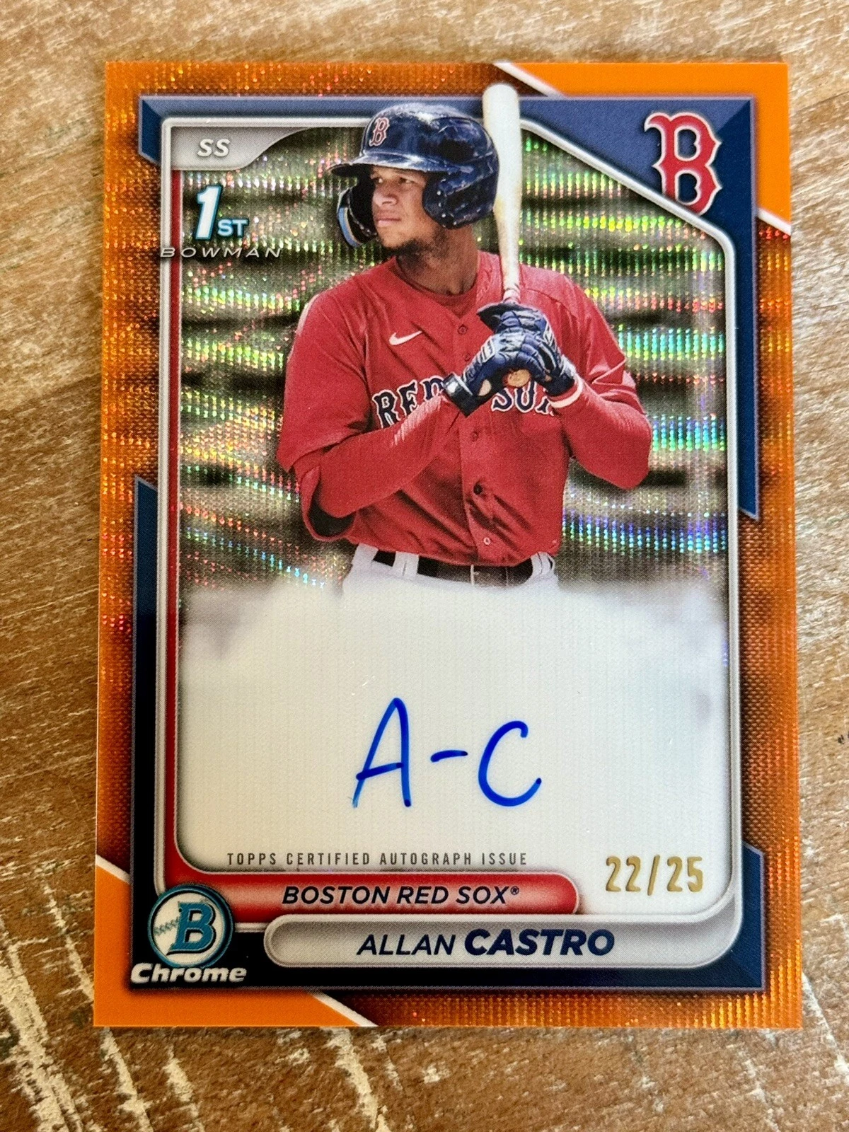2024 ALLAN CASTRO BOWMAN CHROME PROSPECT 1ST ORANGE WAVE REFRACTOR AUTO #22/25
