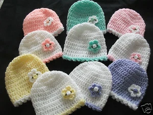 PACK 2 HANDCROCHETED BABY HATS-TINY/NEWBORN/EARLY+ BABY DOLLS..Approx 5-7lbs  - Picture 1 of 4
