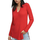 ett:twa Anthropologie Women's XS Red V Neck Merino Wool Blend Side Slit Sweater