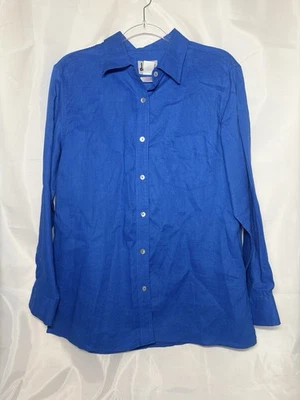 Camiseta de mujer David N con botones manga larga talla grande azul 100 % lino Foto 1 de 4