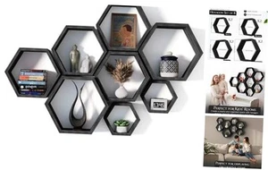 Hexagon Floating Shelves Set of 8 Honeycomb Shelves for Wall, Wooden Hexagon - Picture 1 of 8