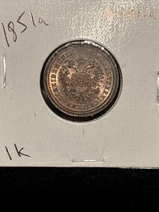 1851a Austria 1 Kreuzer Francis Joseph I. Copper Coin Original Red Brown Unc !! - Picture 1 of 12