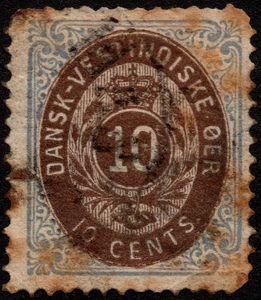 Danish West Indies Stamp Scott #10 Used F-VF 10 Cents Blue & Brown Numeral Issue - Picture 1 of 1