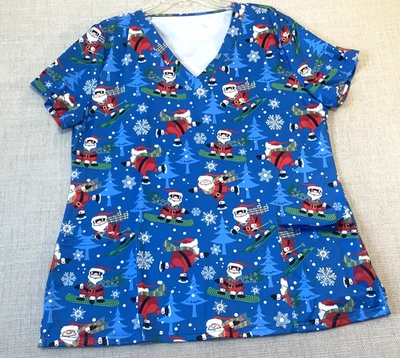 Holiday Scrub Top Women Size XL  V-Neck Santa Clause Snowboarding Skiing Skating - Image 1 of 4