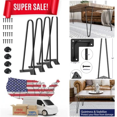 "Patas de muebles de horquilla de alta resistencia de 16"" - acero de aleación negro, 4 piezas con protectores" Foto 1 de 4